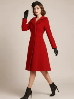 Manteau mi-long vintage en laine à capuche coupe trapèze et double boutonnage pour femme (collection 2026)