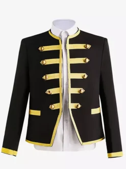 Manteau noir vintage à manches longues en polyester avec boutons de style européen et blocs de couleurs costumes rétro pour homme