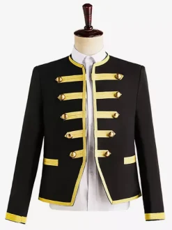 Manteau noir vintage à manches longues en polyester avec boutons de style européen et blocs de couleurs costumes rétro pour homme