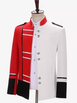 Manteau rouge vintage à boutons rétro et blocs de couleurs à manches longues en polyester pour homme