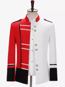 Manteau rouge vintage à boutons rétro et blocs de couleurs à manches longues en polyester pour homme