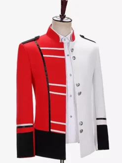 Manteau rouge vintage à boutons rétro et blocs de couleurs à manches longues en polyester pour homme