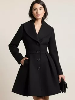 Manteau trapèze en laine mélangée avec col châle et boutons noirs pour femme 2026