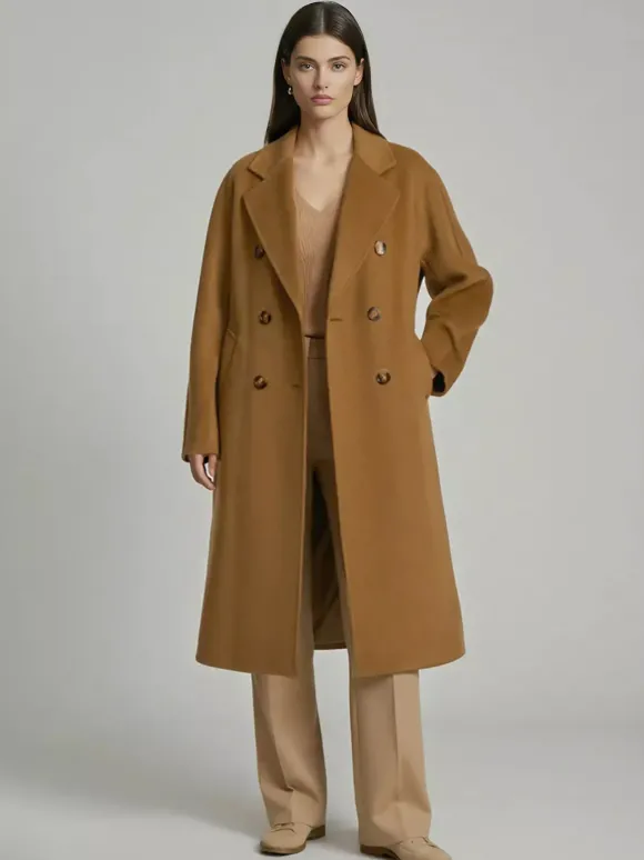 Manteau trapèze vintage en laine et cachemire mélangés avec revers classique et ceinture pour femme (collection 2026)