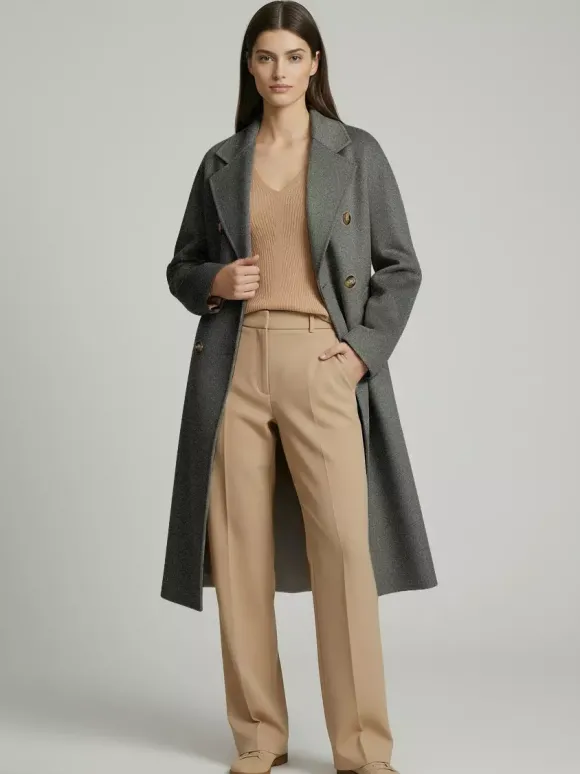 Manteau trapèze vintage en laine et cachemire mélangés avec revers classique et ceinture pour femme (collection 2026)