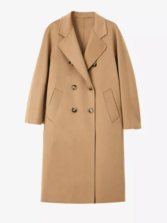 Manteau trapèze vintage en laine et cachemire mélangés avec revers classique et ceinture pour femme (collection 2026)