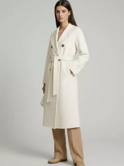 Manteau trapèze vintage en laine et cachemire mélangés avec revers classique et ceinture pour femme (collection 2026)