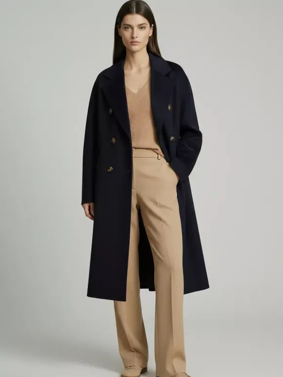 Manteau trapèze vintage en laine et cachemire mélangés avec revers classique et ceinture pour femme (collection 2026)