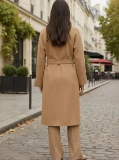 Manteau trapèze vintage en laine et cachemire mélangés avec revers classique et ceinture pour femme (collection 2026)