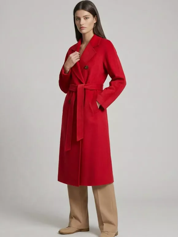 Manteau trapèze vintage en laine et cachemire mélangés avec revers classique et ceinture pour femme (collection 2026)