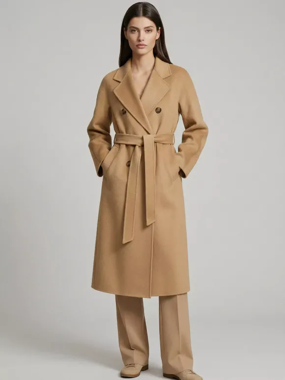 Manteau trapèze vintage en laine et cachemire mélangés avec revers classique et ceinture pour femme (collection 2026)