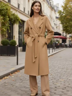 Manteau trapèze vintage en laine et cachemire mélangés avec revers classique et ceinture pour femme (collection 2026)