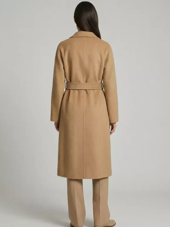 Manteau trapèze vintage en laine et cachemire mélangés avec revers classique et ceinture pour femme (collection 2026)