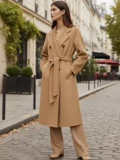 Manteau trapèze vintage en laine et cachemire mélangés avec revers classique et ceinture pour femme (collection 2026)
