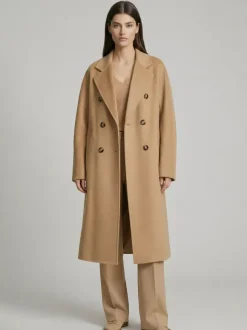 Manteau trapèze vintage en laine et cachemire mélangés avec revers classique et ceinture pour femme (collection 2026)