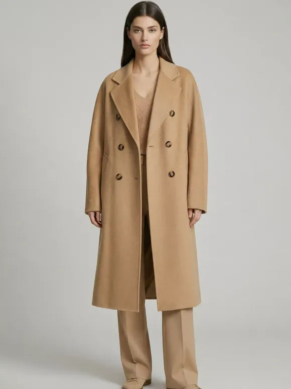 Manteau trapèze vintage en laine et cachemire mélangés avec revers classique et ceinture pour femme (collection 2026)