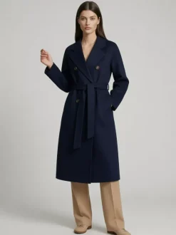 Manteau trapèze vintage en laine et cachemire mélangés avec revers classique et ceinture pour femme (collection 2026)