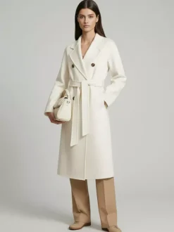 Manteau trapèze vintage en laine et cachemire mélangés avec revers classique et ceinture pour femme (collection 2026)