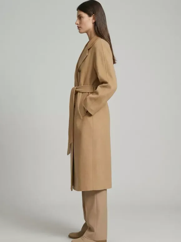 Manteau trapèze vintage en laine et cachemire mélangés avec revers classique et ceinture pour femme (collection 2026)