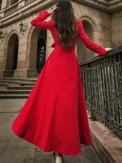 Manteau Trench Long Femme Bas Evasée à Col Revers avec Manches Longues Coupe Cintrée à Lacets Unicolore