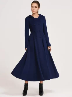 Manteau évasé en laine avec capuche bleu marine foncé croisé élégant coupe trapèze vêtement d'extérieur long pour femme hiver 2026