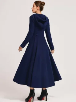 Manteau évasé en laine avec capuche bleu marine foncé croisé élégant coupe trapèze vêtement d'extérieur long pour femme hiver 2026