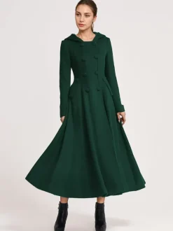 Manteau évasé en laine avec capuche bleu marine foncé croisé élégant coupe trapèze vêtement d'extérieur long pour femme hiver 2026