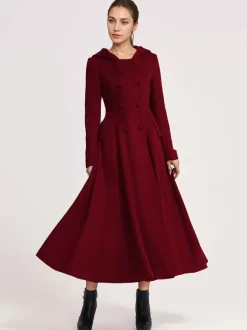 Manteau évasé en laine avec capuche bleu marine foncé croisé élégant coupe trapèze vêtement d'extérieur long pour femme hiver 2026