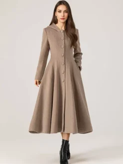 Manteau évasé en laine avec capuche pour femme rouge coupe trapèze long vêtement d'extérieur d'hiver 2026