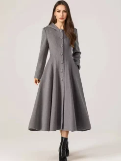 Manteau évasé en laine avec capuche pour femme rouge coupe trapèze long vêtement d'extérieur d'hiver 2026