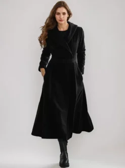 Manteau évasé en laine avec capuche style vintage ceinture coupe trapèze vêtement d'extérieur long pour femme hiver 2026