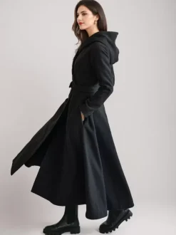 Manteau évasé en laine avec capuche style vintage ceinture coupe trapèze vêtement d'extérieur long pour femme hiver 2026
