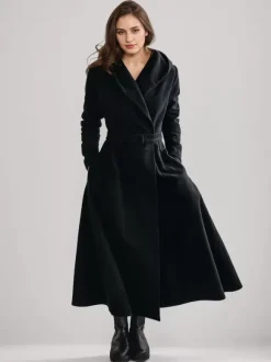 Manteau évasé en laine avec capuche style vintage ceinture coupe trapèze vêtement d'extérieur long pour femme hiver 2026