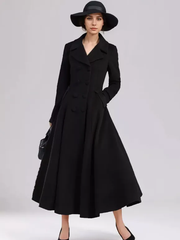 Manteau évasé en laine mélangée pour femme bleu marine foncé croisé revers larges coupe trapèze vêtements d'extérieur d'hiver 2026
