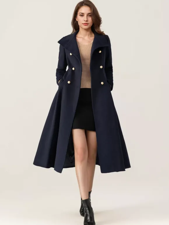 Manteau évasé en laine pour femme col montant bleu marine foncé vintage croisé hiver mi-long vêtements d'extérieur 2026