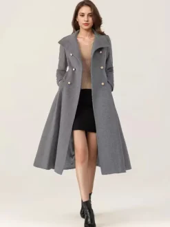 Manteau évasé en laine pour femme col montant bleu marine foncé vintage croisé hiver mi-long vêtements d'extérieur 2026