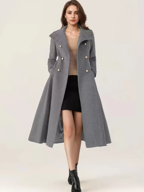 Manteau évasé en laine pour femme col montant bleu marine foncé vintage croisé hiver mi-long vêtements d'extérieur 2026