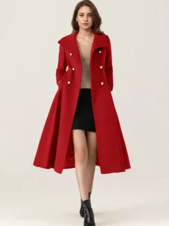 Manteau évasé en laine pour femme col montant bleu marine foncé vintage croisé hiver mi-long vêtements d'extérieur 2026