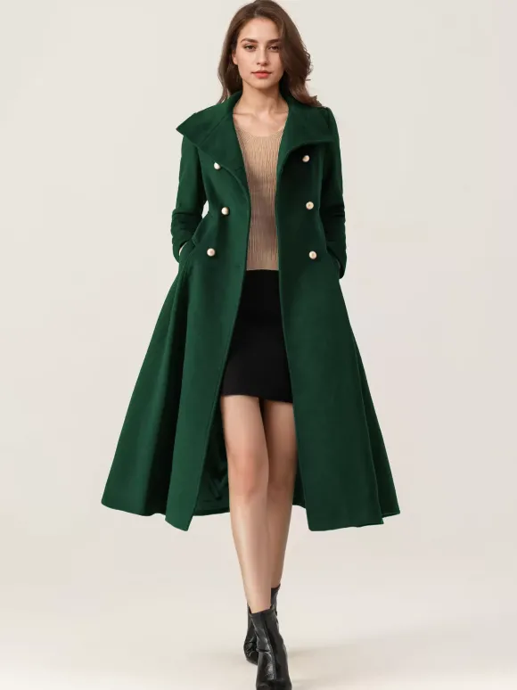 Manteau évasé en laine pour femme col montant bleu marine foncé vintage croisé hiver mi-long vêtements d'extérieur 2026