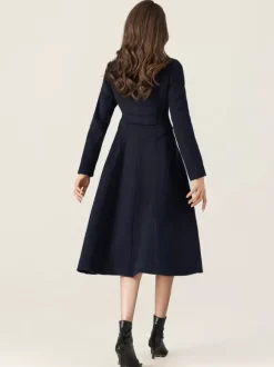Manteau évasé en laine pour femme col montant bleu marine foncé vintage croisé hiver mi-long vêtements d'extérieur 2026