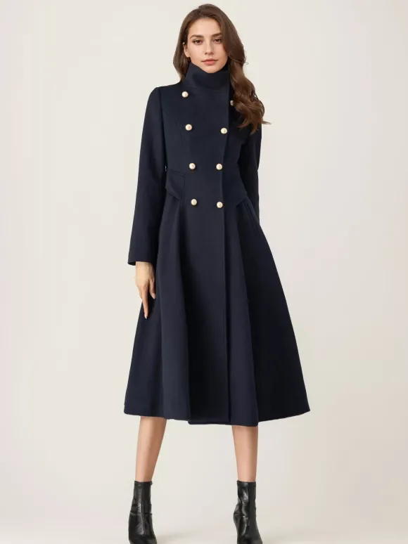 Manteau évasé en laine pour femme col montant bleu marine foncé vintage croisé hiver mi-long vêtements d'extérieur 2026
