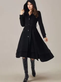 Manteau évasé en laine pour femme à capuche avec ceinture A-line Vintage Hiver Midi Vêtements d'extérieur 2026