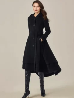 Manteau évasé en laine pour femme à capuche avec ceinture A-line Vintage Hiver Midi Vêtements d'extérieur 2026
