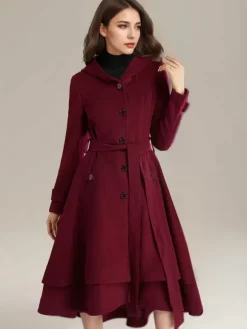 Manteau évasé en laine pour femme à capuche avec ceinture A-line Vintage Hiver Midi Vêtements d'extérieur 2026