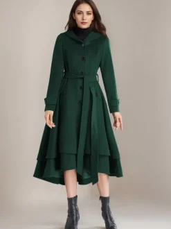 Manteau évasé en laine pour femme à capuche avec ceinture A-line Vintage Hiver Midi Vêtements d'extérieur 2026