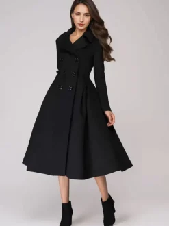 Manteau évasé en laine verte à double boutonnage à revers larges vêtements d'extérieur d'hiver A-line Midi 2026