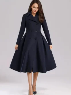 Manteau évasé en laine verte à double boutonnage à revers larges vêtements d'extérieur d'hiver A-line Midi 2026