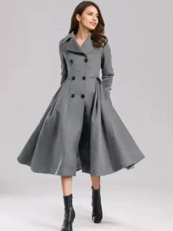 Manteau évasé en laine verte à double boutonnage à revers larges vêtements d'extérieur d'hiver A-line Midi 2026