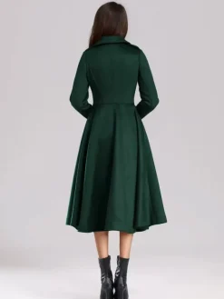Manteau évasé en laine verte à double boutonnage à revers larges vêtements d'extérieur d'hiver A-line Midi 2026
