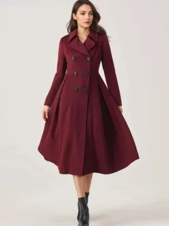 Manteau évasé en laine verte à double boutonnage à revers larges vêtements d'extérieur d'hiver A-line Midi 2026